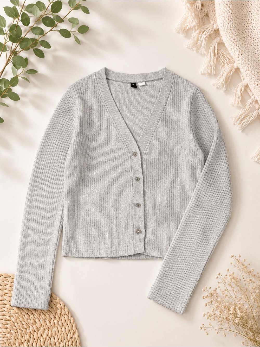 H&M Light Gray Ribbed V-Neck Button Cardigan